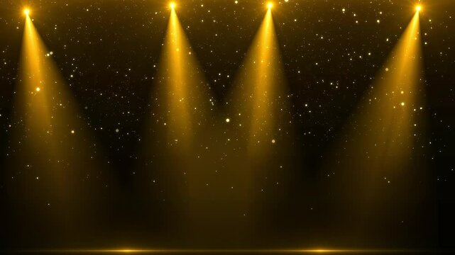 4K 3D Award party stage golden stage glitter animation. stars, lights and particles. Luxury gold light streak. Particle, luxury awards ceremony background, Oscar awards performance. 3D Illustration