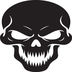 A black skull with white teeth and eye sockets on a white background in a vector illustration