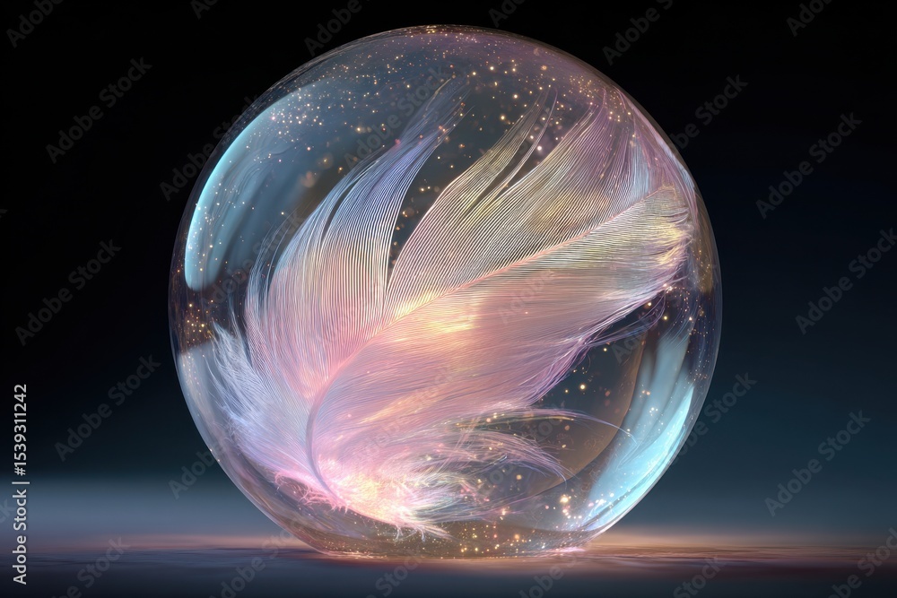 Aufkleber a feather inside a glass sphere with sparkling lights on a dark background creating a dreamy effect