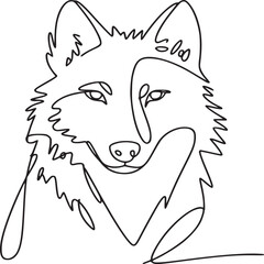 Continuous line drawing of a wolf head with detailed fur on a white background art illustration