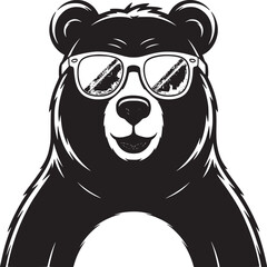 Illustration of a black bear wearing white sunglasses with red lenses on a tan background color