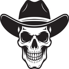 Illustration of a skull wearing a black cowboy hat in a monochrome color scheme on a light background