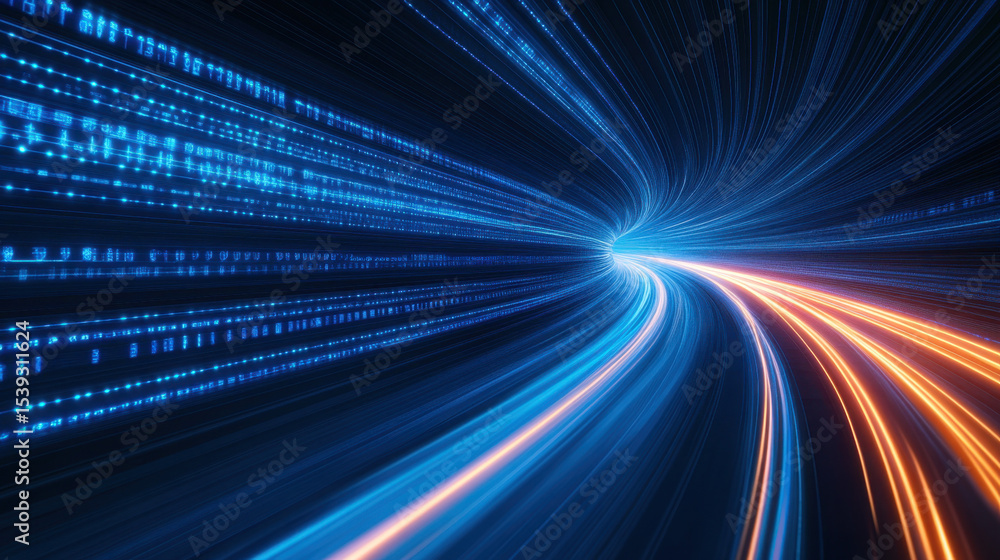 Poster Dynamic digital tunnel with glowing blue and orange light trails creating futuristic and energetic data flow effect in dark space