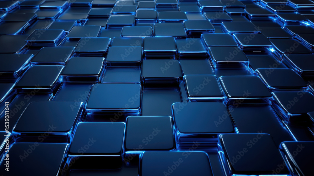 Poster Hightech surface made of digital blue tiles with glowing edges creating futuristic and sleek pattern with depth and shine