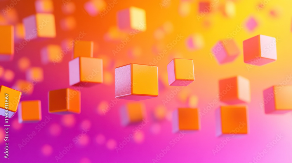 Aufkleber floating orange cubes in vibrant pink and yellow background create abstract and dynamic visual with 