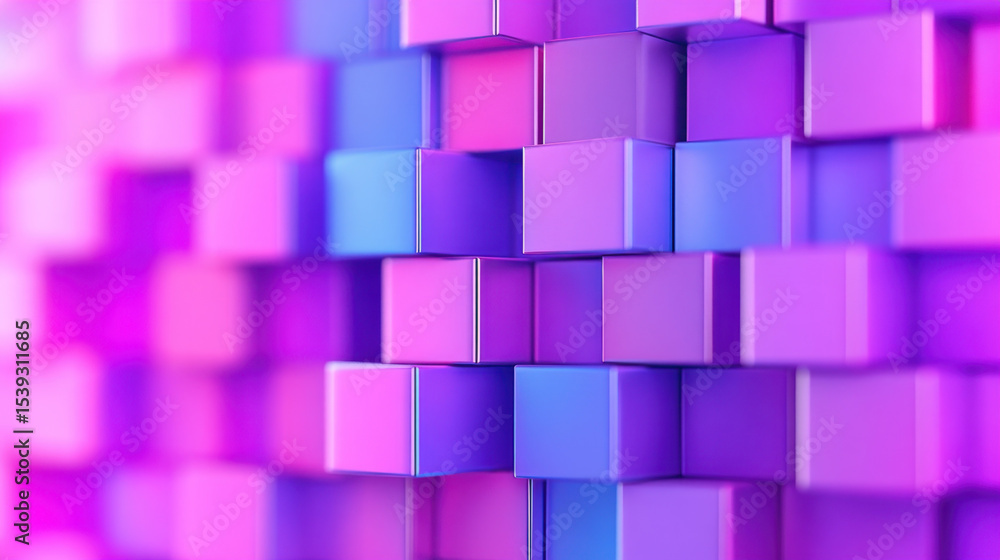 Poster Abstract colorful cubes in purple and pink shades create vibrant 3D pattern with soft lighting and depth, evoking modern digital feel