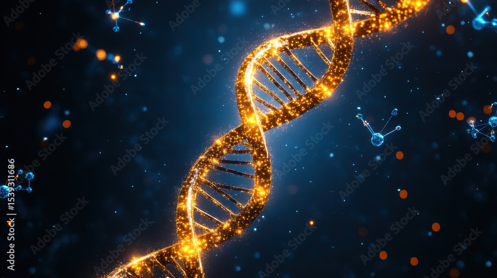 Poster glowing golden dna strand spirals in dark blue background with floating molecular structures, creati