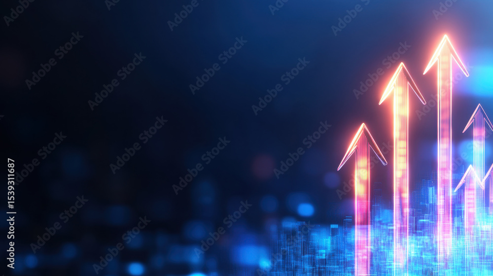 Aufkleber Abstract arrows in soft transparency pointing upward with glowing neon colors on dark background showing growth and progress