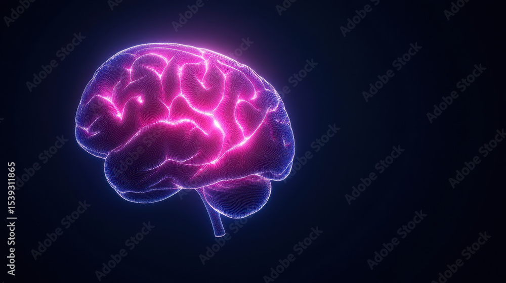 Poster digital brain with glowing neural pathways in purple and pink light trails on dark background, symbo