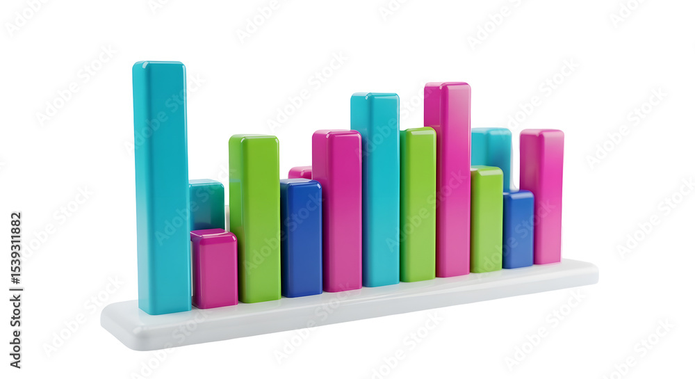 Poster colorful 3d rendered bar graph data visualization on white platform with transparent background