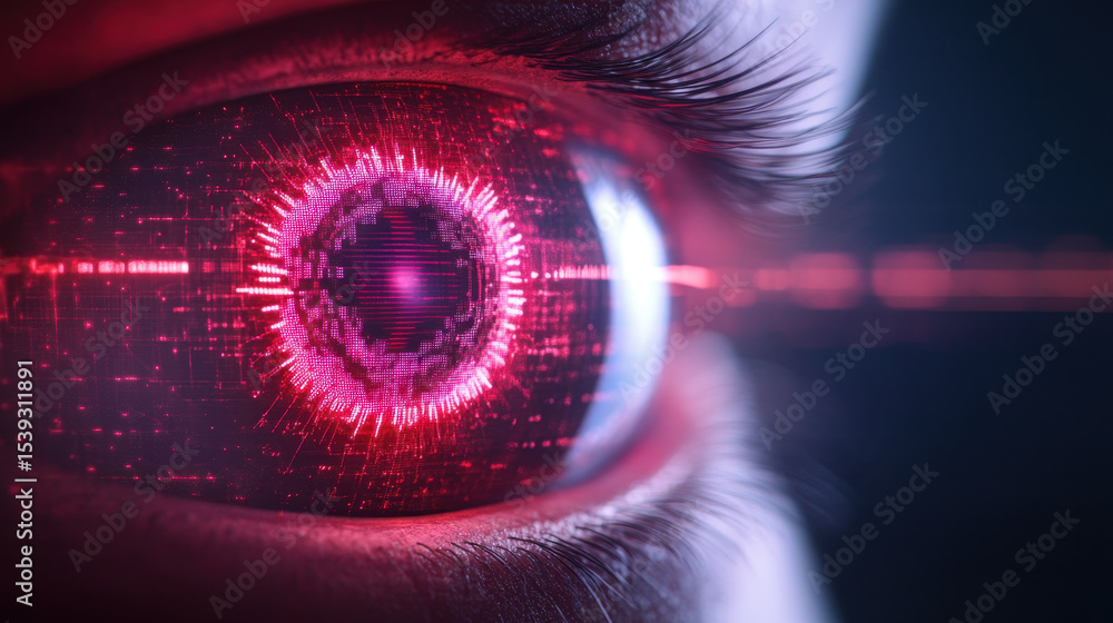 Poster Close up of futuristic digital eye with glowing red light and intricate technology details, showing advanced AI and cybernetic design