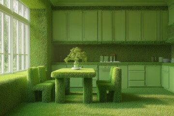 Green Grass-Covered Kitchen Interior