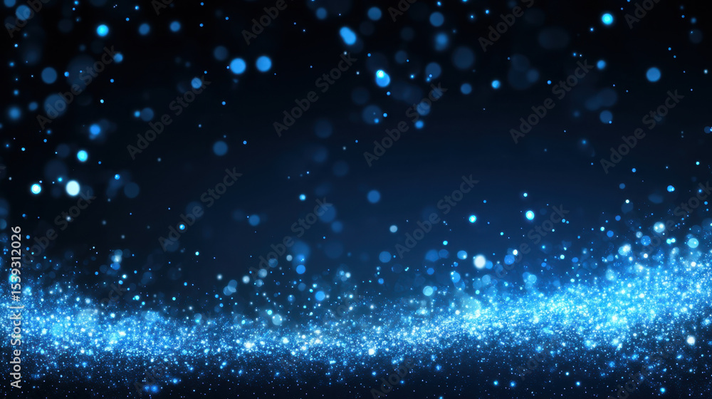 Poster blue glowing particles float softly on dark background, creating magical and serene atmosphere with 