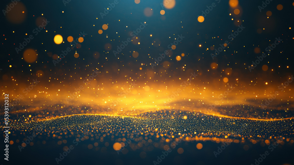 Aufkleber Golden glowing particles float over dark background with soft light dots creating magical and warm atmosphere in this abstract image