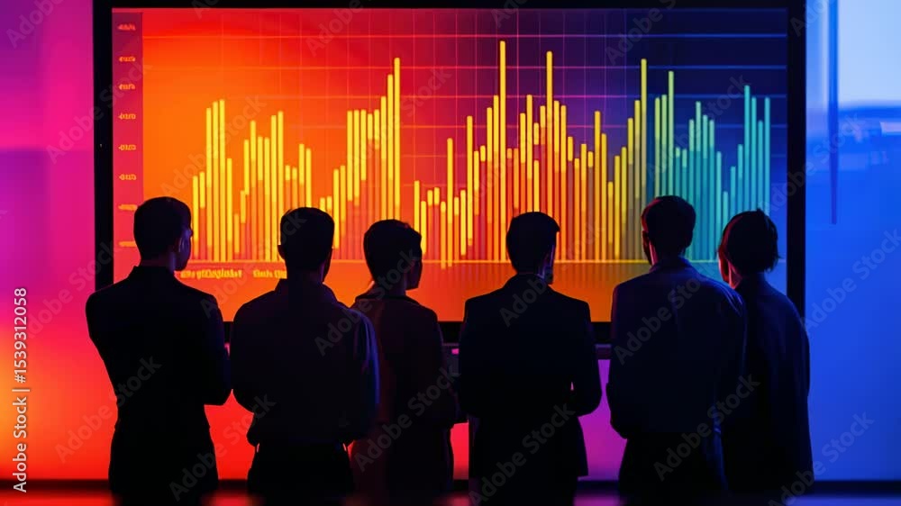 Poster business team analyzing financial data on a large screen with vibrant color gradients in a modern of