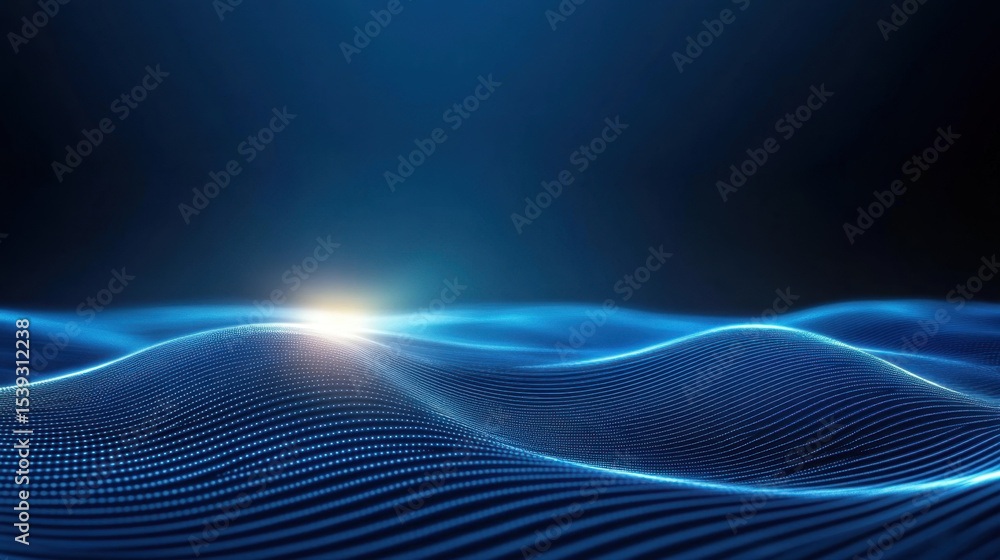 Poster endless glowing blue tech waves moving in slow undulations with bright light on dark background crea