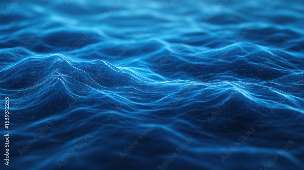 Poster Endless glowing blue waves create flowing tech pattern with slow undulations, evoking calm and futuristic digital ocean scene