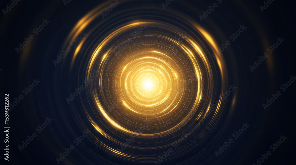 Poster Endless ripple of glowing golden light dots expanding from bright center in dark background creating mesmerizing abstract tunnel effect