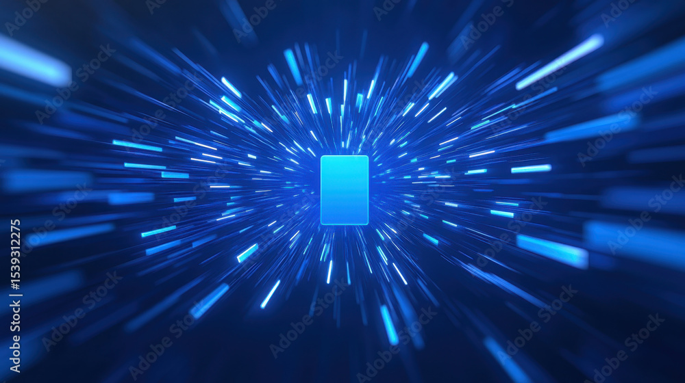 Poster digital blue light burst with glowing rectangle in center, abstract technology background with dynam