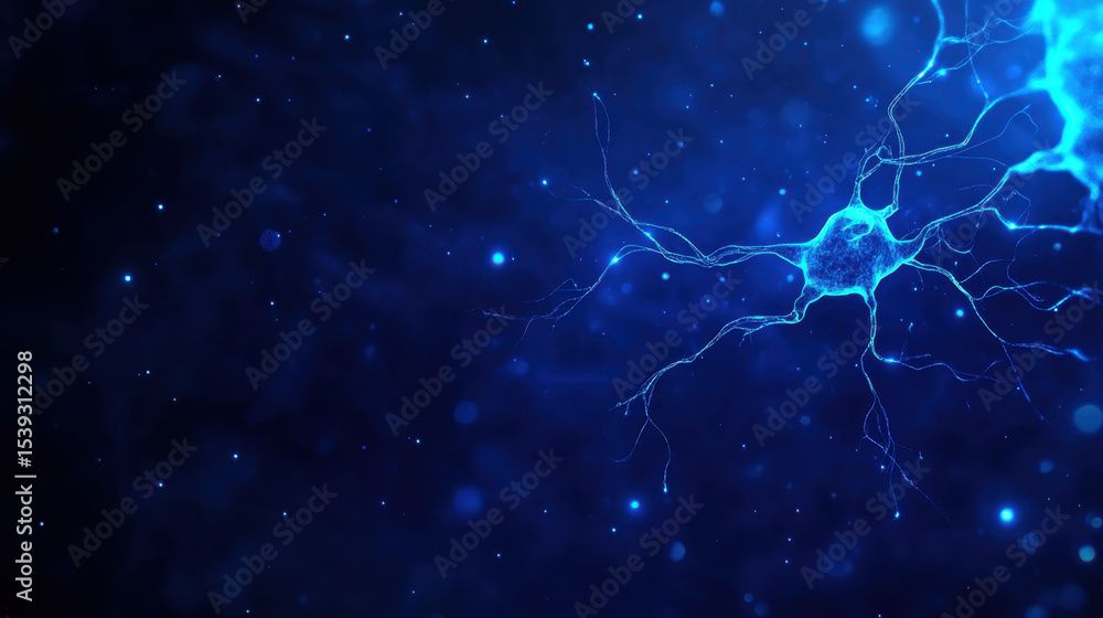Aufkleber neural network glowing in blue with floating particles and electric connections in dark background, 