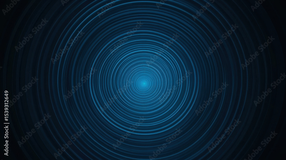 Poster concentric blue circles create hypnotic tunnel effect with glowing center on dark navy background, e