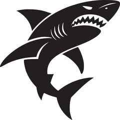 A stylized black and white illustration of a shark with its mouth open showing sharp teeth swimming upwards