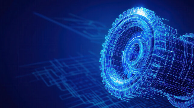 Futuristic machine schematic with glowing blue wireframe gear and mechanical parts on dark background, technology concept design