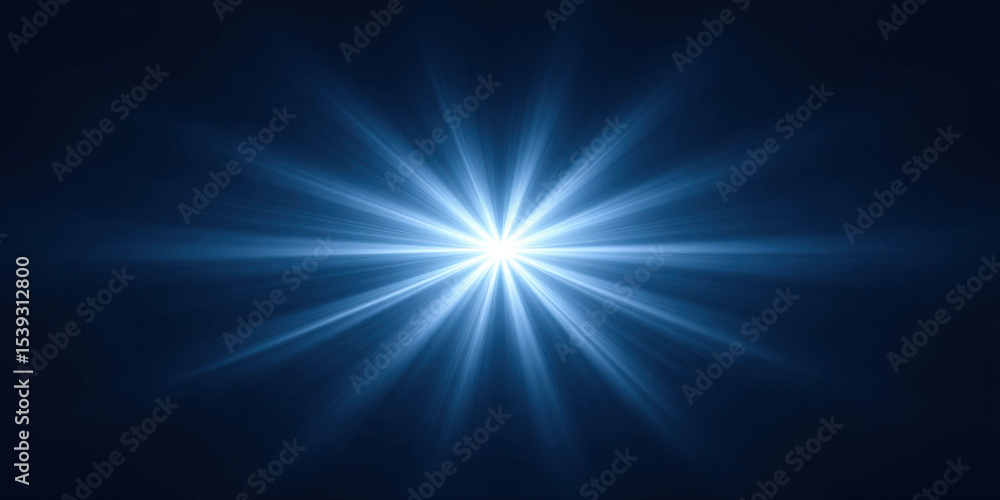 Poster bright white light burst with radiant beams shining against deep navy blue background creating glowi
