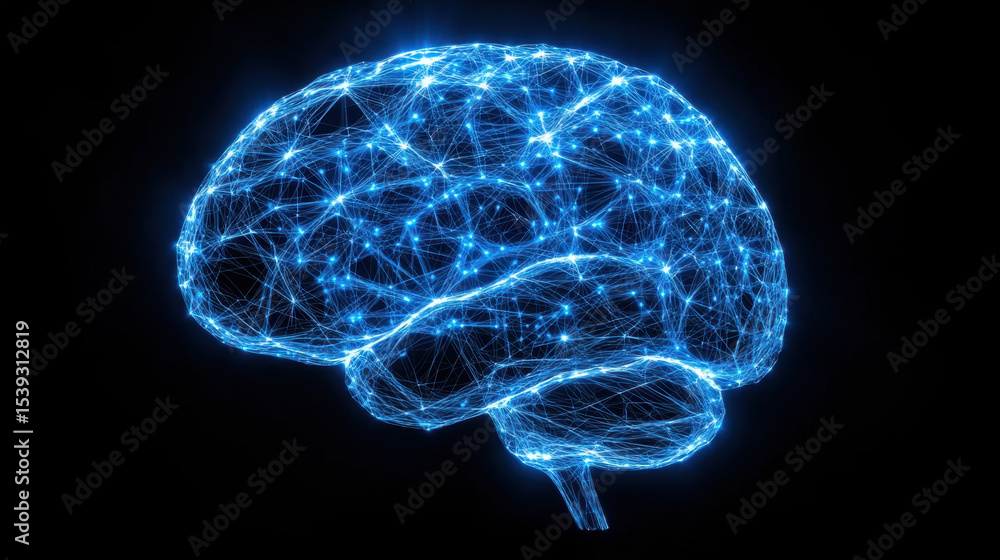 Aufkleber neural network brain connections glowing in blue light, digital mesh pulsing with data points, symbo