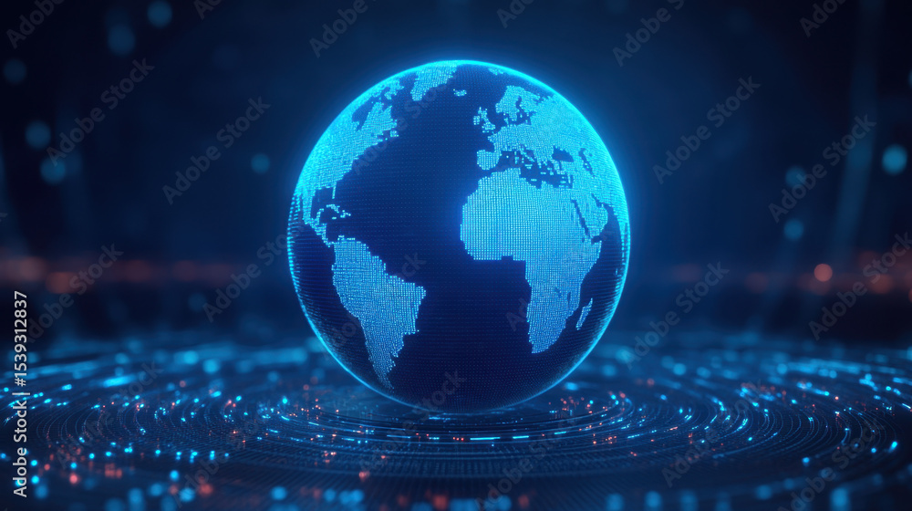 Poster digital holographic earth globe with glowing blue continents and circular light patterns, creating f