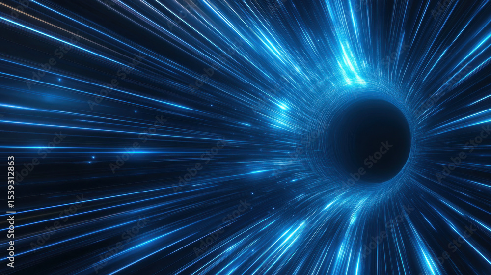 Poster Hypnotic blue light rays radiate from dark circular center, creating dynamic and futuristic tunnel effect with glowing streaks and star like