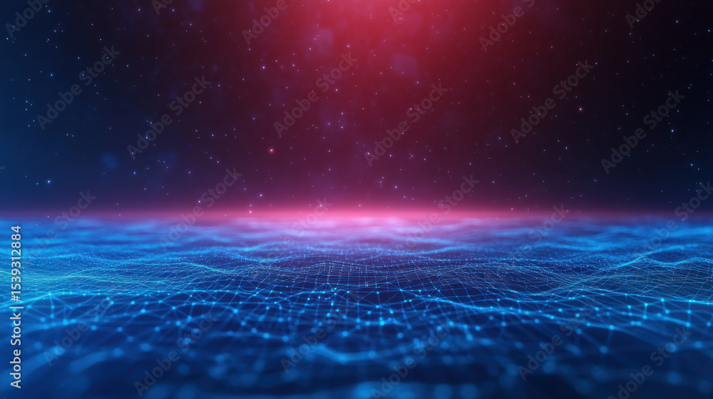 Aufkleber Digital blue network with glowing points and red light in space, futuristic technology background with depth and stars