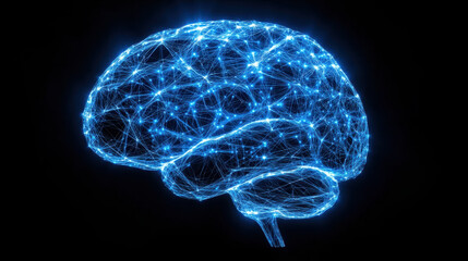 Neural network brain connections glowing in blue light, digital mesh pulsing with data points, symbolizing artificial intelligence and technology