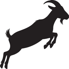 Silhouette of a jumping goat with horns and a beard against a white background in a simple style