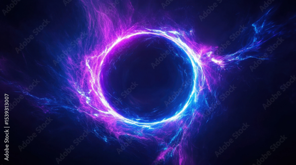 Poster electric energy arcs form vibrant glowing ring with blue and purple plasma light effects on dark bac