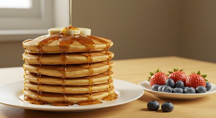 Golden pancakes with maple syrup