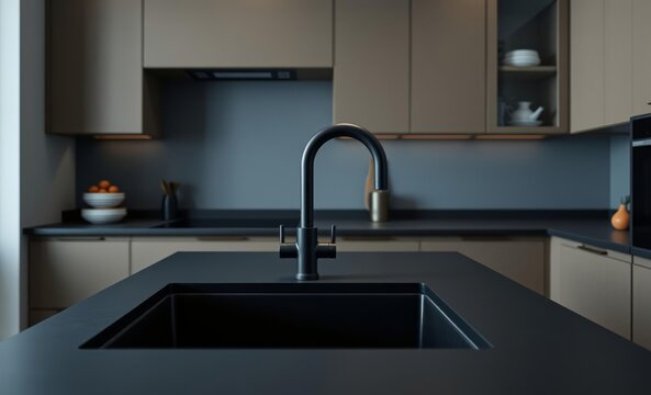 A sleek contemporary kitchen unfolds before you featuring a matte black square sink tap that exudes a touch of industrial cool The matte black countertop crafted from stoneware seamlessly blends with 