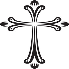 A detailed black and white drawing of an ornate christian cross on a plain white background surface