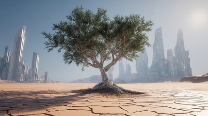 Resilient Tree in a Futuristic Desert Cityscape