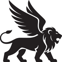 Illustration of a black winged lion with a curled tail on a white background in a vector format © Syed  39