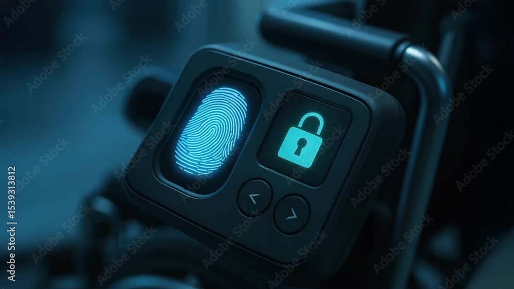Poster futuristic wheelchair control panel with fingerprint scanner lock technology offers secure access an