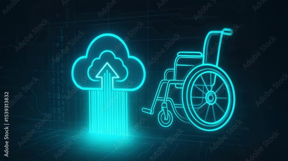 Poster futuristic digital technology with glowing wheelchair and cloud upload icon symbolizing advanced inn
