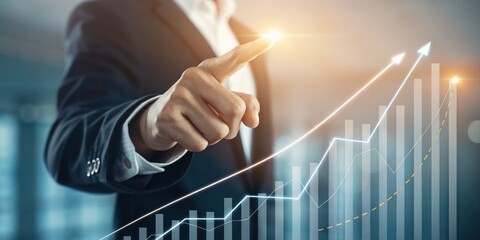 A businessperson points at a glowing data chart showing rising bar graphs and arrows, symbolizing growth and financial success.