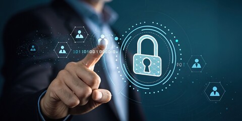 A person interacts with a digital interface featuring a lock icon symbolizing cybersecurity and data protection.