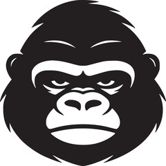 Illustration of a gorilla head with a serious expression in black and white on a plain background