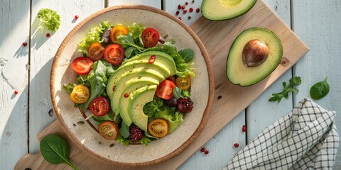 Fresh salad bowl with sliced avocado, cherry tomatoes, lettuce, and chili flakes on a wooden table with half an avocado and a checkered cloth.
