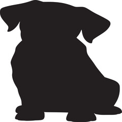 A silhouette of a dog sitting down with its head tilted on a white background in a simple style