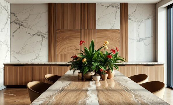 A symphony of natural materials where polished granite and shimmering marble met rustic walnut and ash wood laminate creating a harmonious and luxurious space  A verdant centerpiece of potted plants a