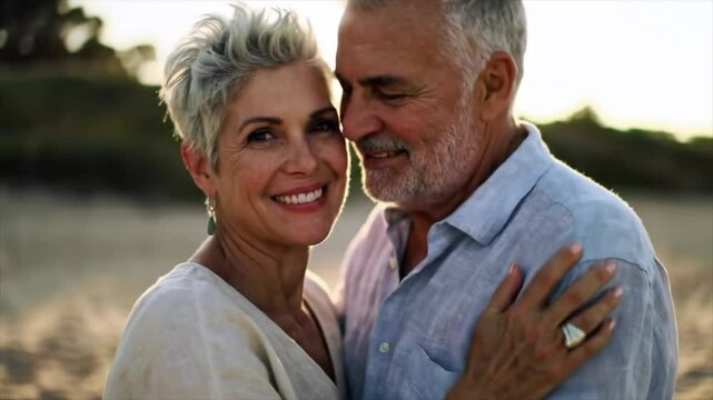 A joyful couple with white hair stands close together on a beach during sunset. They share warm smiles and gentle embraces, highlighting love and togetherness in a peaceful setting