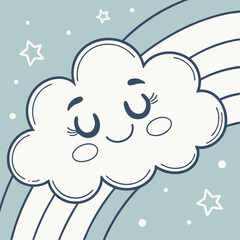 Cute cartoon cloud sleeping on a rainbow